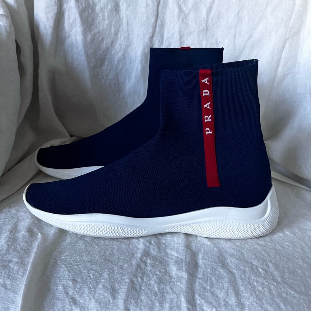 Prada Blue and White Sneakers with Sock-Like Upper